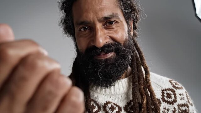 Man with beard and dreadlocks in patterned sweater