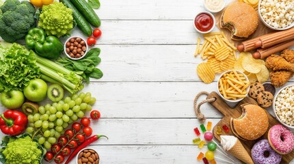 Contrast of Healthy and Unhealthy Foods Arranged on a White Wooden Table for Lifestyle Choice