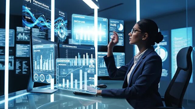 Businesswoman managing financial data and KPIs on an advanced AI data analytics dashboard. Modern technology for corporate strategy, performance optimization, and informed decision-making in...