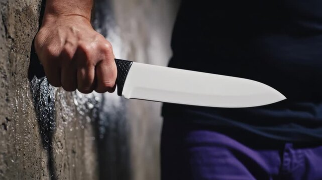 Hand holding knife against wall