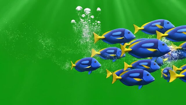 Green Screen fish animation swim video 3d underwater single and group chroma realistic isolated school of scene 1 with distortion, overlay, glitch, static noise, scan lines on black background, 4k