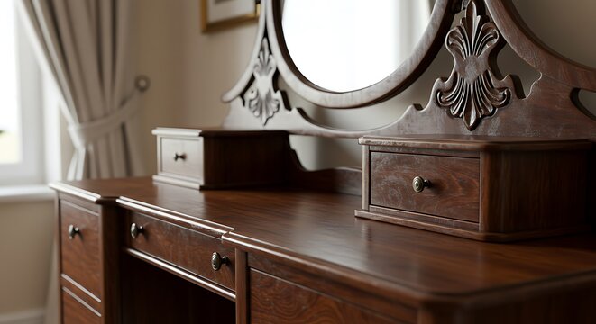 Antique Vanity: Polished Wood & Curved Mirror Detail