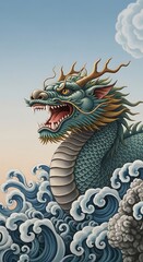 Obraz premium Dragon's Ascent: Digital Painting of Mythic Power Over Turbulent Waters