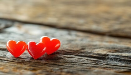Fototapeta premium Three glossy red heart shapes rest upon a weathered wooden surface with shallow depth of field