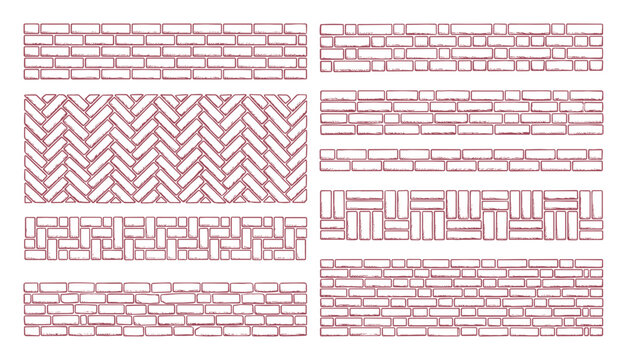 Maroon brick borders, brickwork patterns, textures design elements, building, wall and architectural drawing.