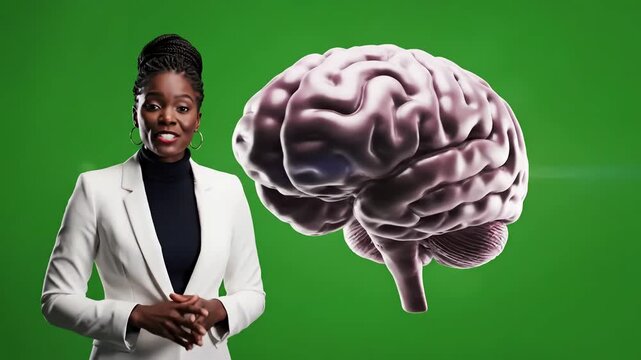 Green Screen human brain anatomical model 3d glossy on rotation animation 4k video scene 4 with distortion, overlay, glitch, static noise, scan lines black background, animated loop