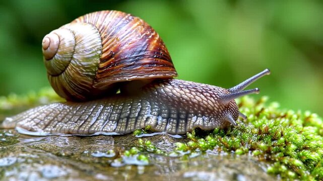 Snail slowly crawling on a wet rock with moss.