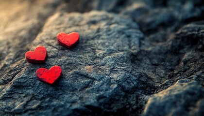 Fototapeta premium Three small, vibrant red heart shapes rest upon a rugged, textured stone surface