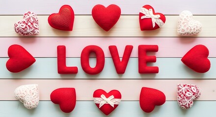 Red hearts on pastel stripes with love. Suitable for valentines day, wedding, romancethemed designs, cards, invitations, social media posts.