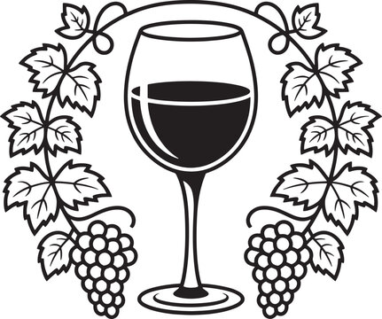 Classic wine glass framed by circular border of grape vines leaves and bunches vector illustration