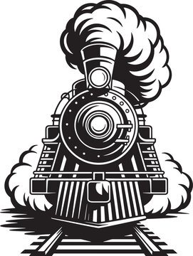 Close up view of powerful steam locomotive train engine billowing smoke on tracks