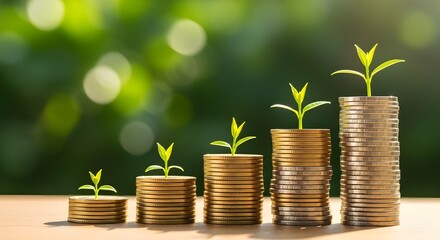 Stacks of coins and small plants symbolize financial growth and investment, ideal for finance and investment blog or marketing materials.