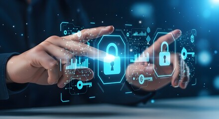 Hands interacting with digital security icons like a padlock, suitable for cybersecurity concepts, data protection, internet safety, online security awareness campaigns.