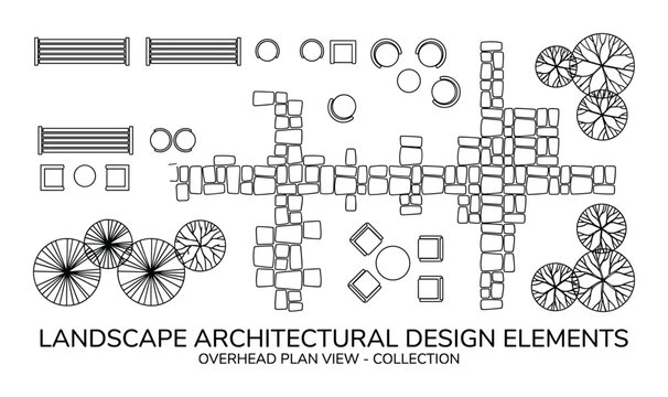 Overhead plan view showcasing landscape architectural design elements for space planning and outdoor arrangement.