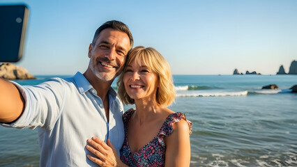 Obraz premium Happy middle-aged couple taking a selfie on the beach enjoying sunny weather and ocean view with clear sky and rocky formations in the background