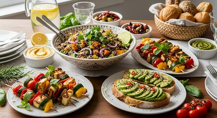 Fototapeta premium Vibrant Outdoor Meal with Grilled Skewers and Avocado Toast.