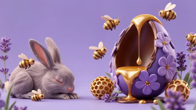 a grey bunny with closed eyes, lying next to a honey-covered, purple flower-decorated Easter egg. Several bees hover around the egg and bunny.