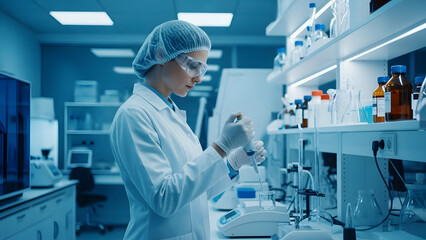 Naklejka premium Female scientist working in a modern laboratory conducting experiments with scientific equipment and chemicals for research and development purposes