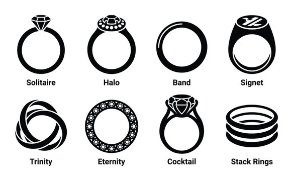 Ring styles vector glyphs: Solitaire, Halo, Band, Signet, Trinity, Eternity, Cocktail and Stack Rings.
