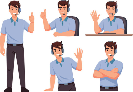 Male customer support representative character set with headset giving thumbs up 