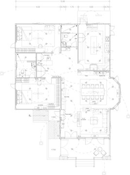 Residential Building Electrical Layout Drawing with Lighting and Power Outlet Design for First Floor
