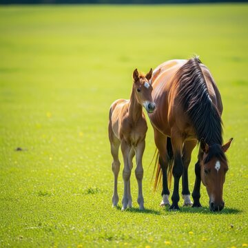 A beautiful newborn foal stands cautiously next to its protective mother mare in a lush green spring pasture under bright sunlight, young, animal, breeding