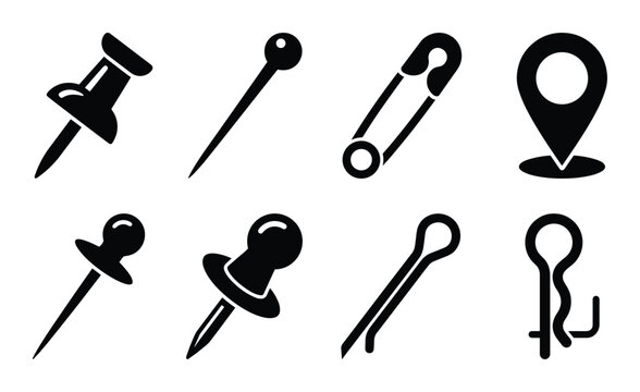 Set of different types of pins as glyph icons. Pushpin, sewing, safety, location, cotter pin.