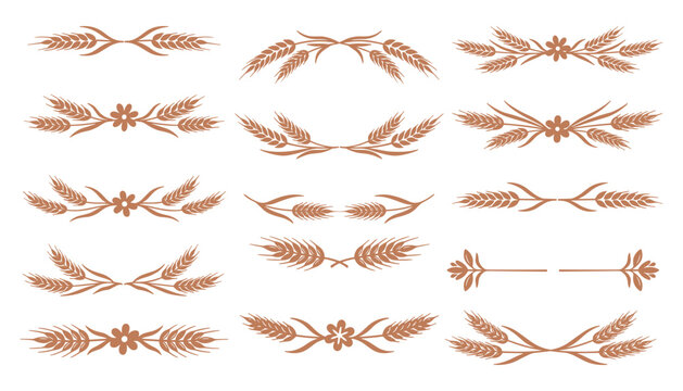 Set of decorative wheat floral elements. Wheat ears and flower ornaments for design and decoration.