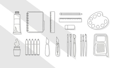 Graphic illustration of diverse art supplies and creative tools. © Oke-STOCK