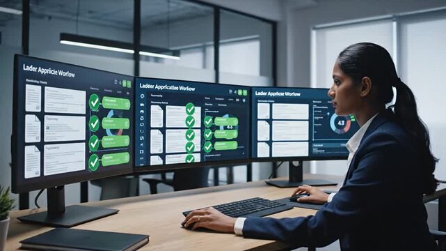 Professional businesswoman using a multi-screen computer to analyze data, manage workflows, and track project performance. Emphasizes efficiency, productivity, data-driven decisions, and digital...