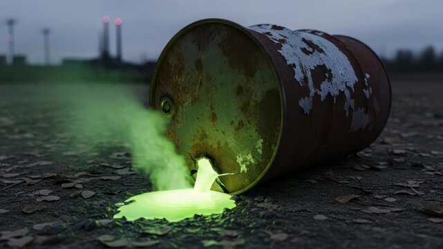 Toxic Barrel Leaking Glowing Green Liquid and Smoke