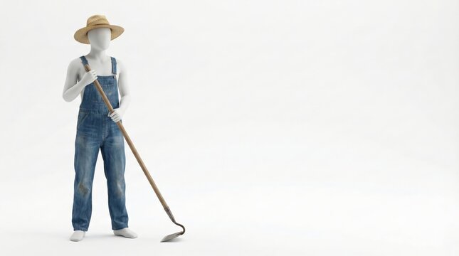 A solitary mannequin dressed as a farmer, wearing denim overalls and a straw hat, stands holding a hoe against a plain white background.