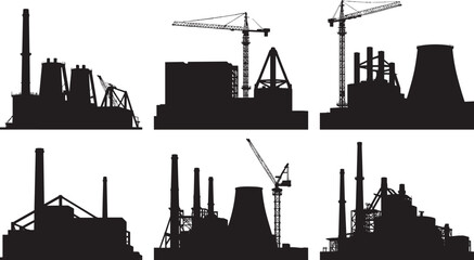 Industrial factory and construction site silhouettes with cranes smokestacks power plants, heavy industry infrastructure isolated on white background
