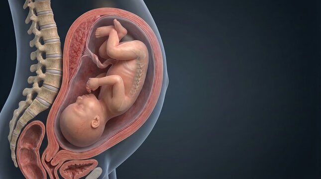 Detailed anatomical illustration of a human fetus developing inside a pregnant uterus with a cross-section view.