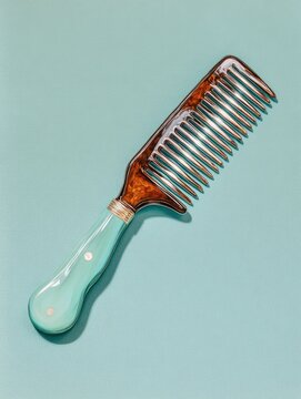 Decorative comb, aqua handle, wood top, silver teeth, light backdrop