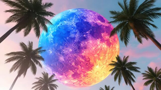 Vibrant Cosmic Moon Over Palm Trees