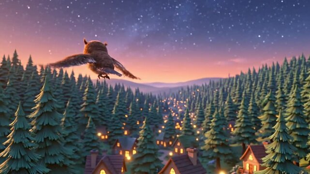 Adorable 3D cartoon owl flying toward the camera above a whimsical woodland village surrounded by stylized pine trees at dusk, great for educational apps and storytelling media.