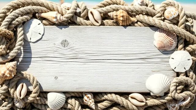 Beach Scene With Empty Wooden Sign Surrounded by Rope and Seashells.