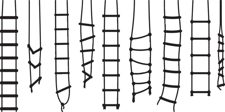 Various types of ladders and climbing equipment illustrated