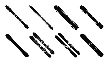 Ski silhouettes set showcasing various ski types and bindings, for sports and winter activities design.