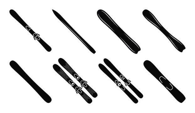 Ski silhouettes set showcasing various ski types and bindings, for sports and winter activities design.