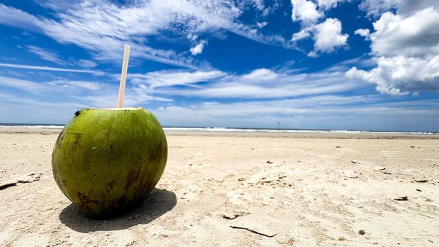 Coco Verde Bebendo na Praia