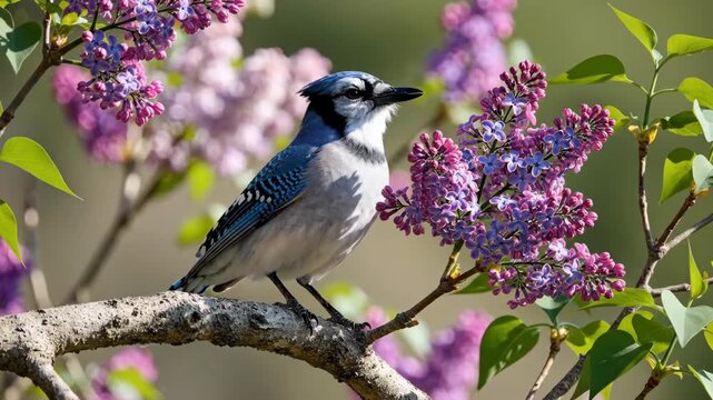 A blue jay perches on a branch amidst purple lilac blooms in full vibrant display