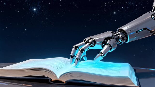 Robot hand reading book in space