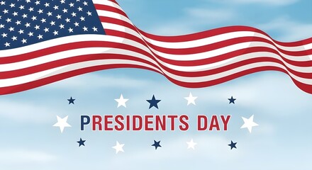 American flag with stars and text for presidents day. Suitable for holiday promotions, patriotic events, educational materials, and history concepts.