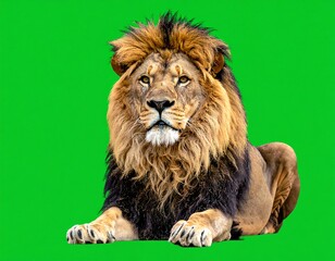 A lion with a thick mane lies on a green background