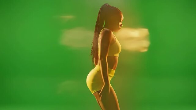 Green Screen young woman shaking ass in side view twerking dance over 4k video footage scene 4 with distortion, overlay, glitch, static noise, scan lines on black background, animated loop
