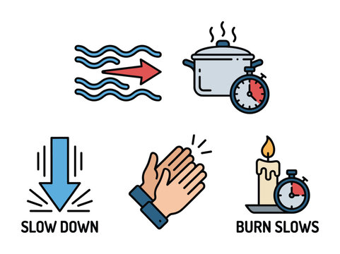 Vector illustration of flow, burn, cooking, clapping slow, arrow glyphs. with candle, arrows and timer icons.
