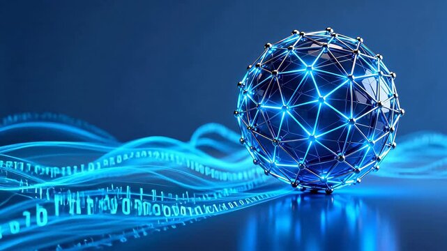 Blue glowing network sphere with binary code