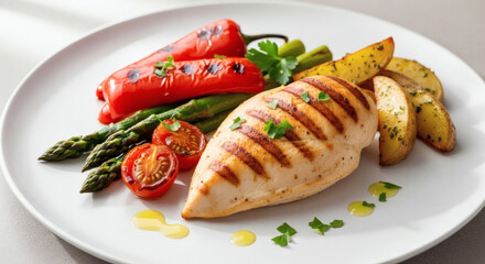 Grilled chicken with roasted vegetables, clean plating, natural light, copy space